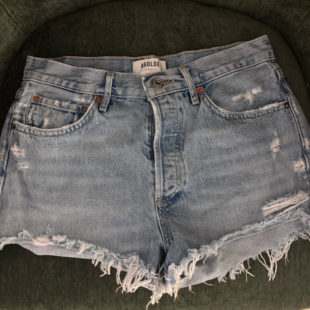 Agolde Frayed Light Blue Jean Shorts